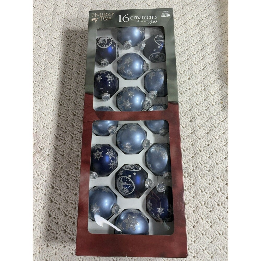 Vtg 16 Holiday Time Blue Glass Ball Christmas Ornaments Snowflakes Glitter 2.5”